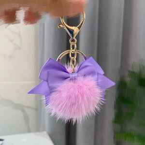Mini Real Mink Fur Purple Pom Pom with Purple Bow Keychain Bag Charm Key Holder